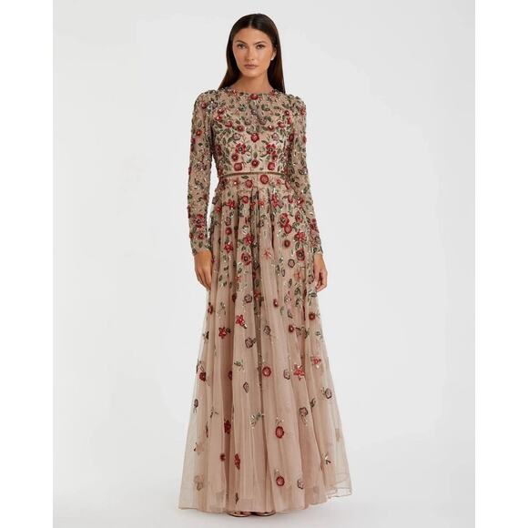 MAC DUGGAL 5533 Embellished Gown 4 Antique Rose High Neck Long Sleeves NWT $798 - Picture 2 of 16